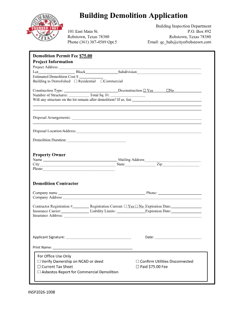 First page of the Demolition Permit Application
