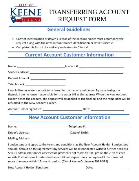 First page of the Transferring Account Request Form