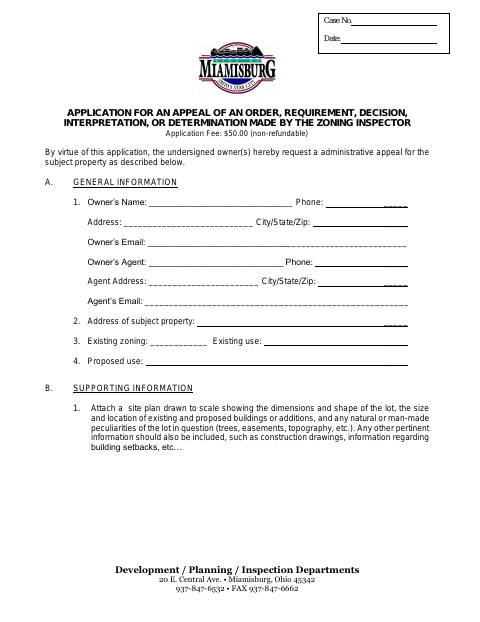 First page of the Application for an Appeal of a Zoning Inspector Determination