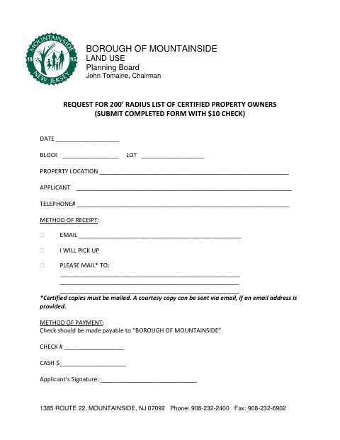 First page of the Request for 200’ Radius List of Certified Property Owners