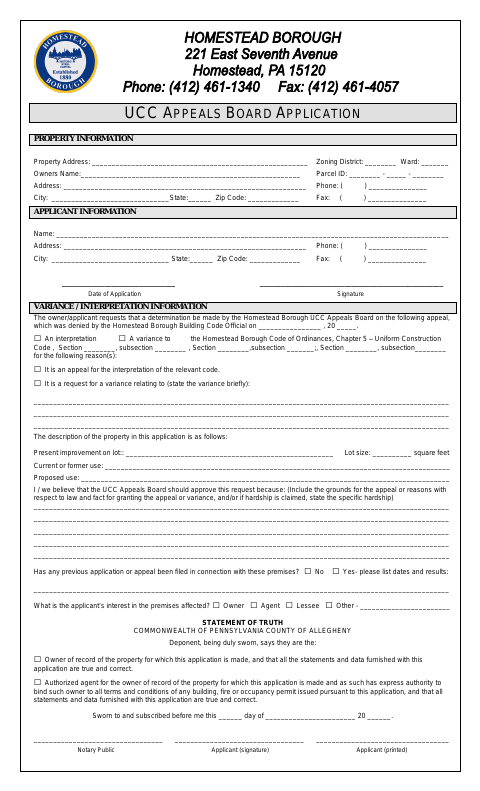 First page of the UCC Appeals Board Application