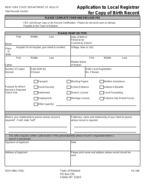 First page of the Application to Local Registrar for Copy of Birth Record