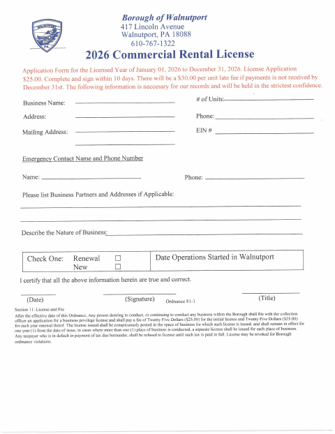 First page of the 2026 Commercial Rental License Application