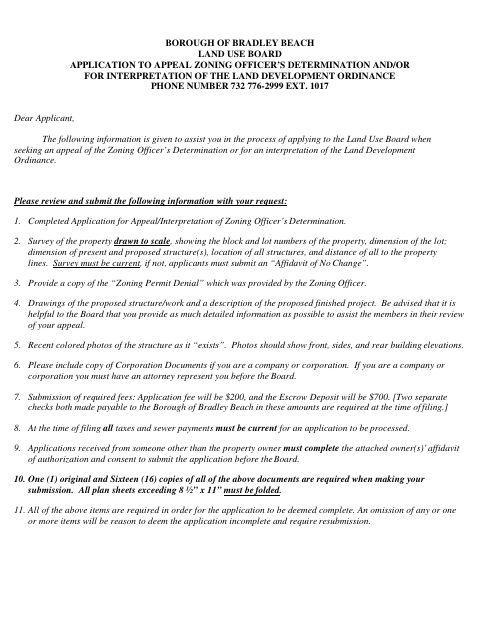 First page of the Appeal of Zoning Officer Determination Application