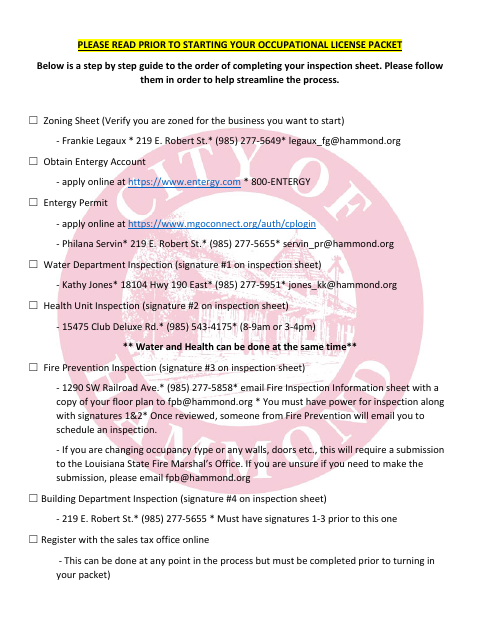 First page of the Occupational License Application Packet