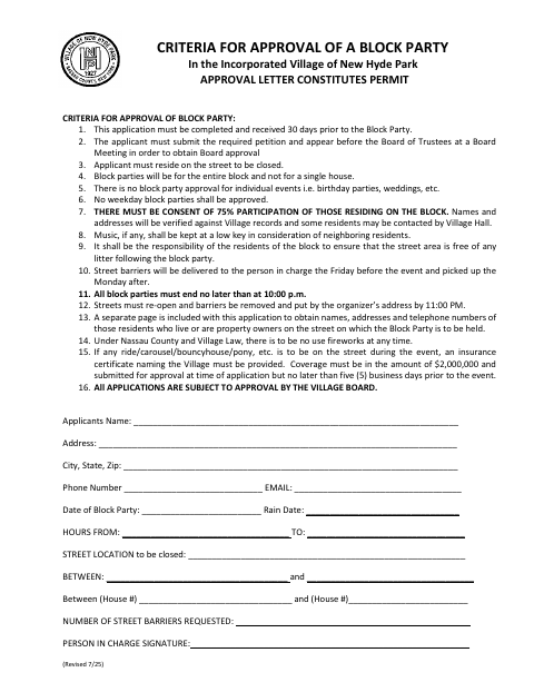 First page of the Block Party Application