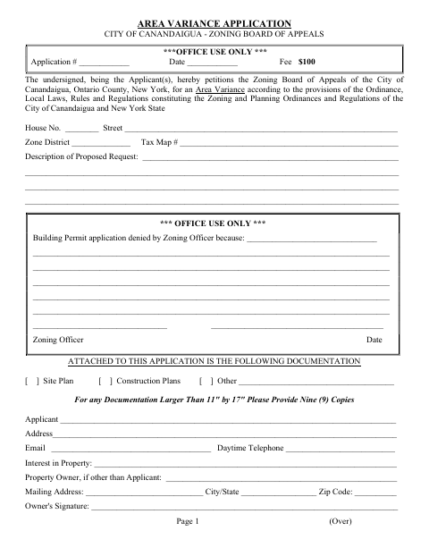 First page of the Area Variance Application