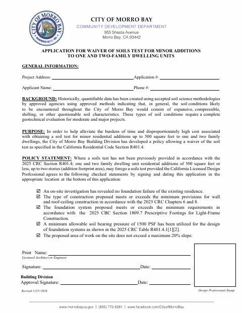 First page of the Application for Waiver of Soils Test for Minor Additions to One- and Two-Family Dwelling Units