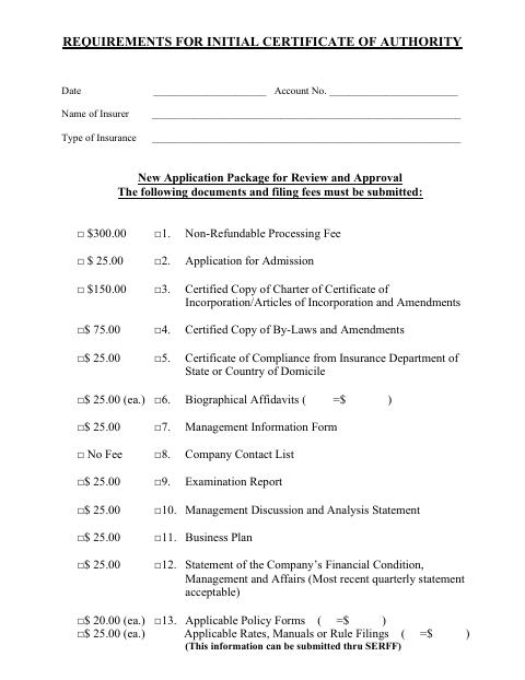 First page of the Insurance Company Certificate of Authority Application Package