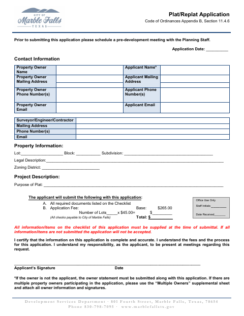 First page of the Plat/Replat Application