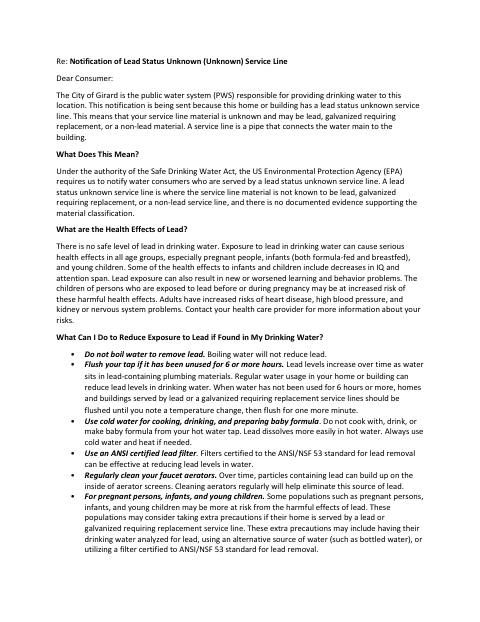 First page of the Lead Status Unknown Service Line Survey Form
