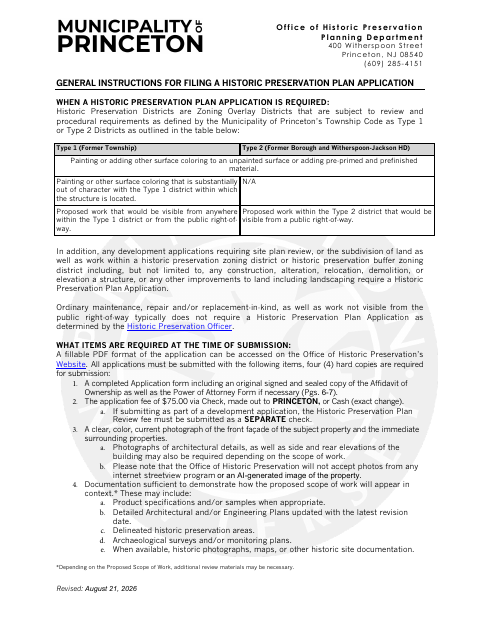 First page of the Historic Preservation Plan Review Application