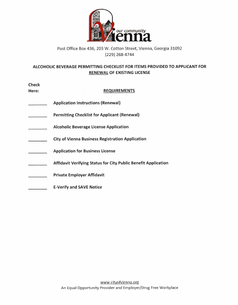 First page of the Alcoholic Beverage License Renewal Application Package
