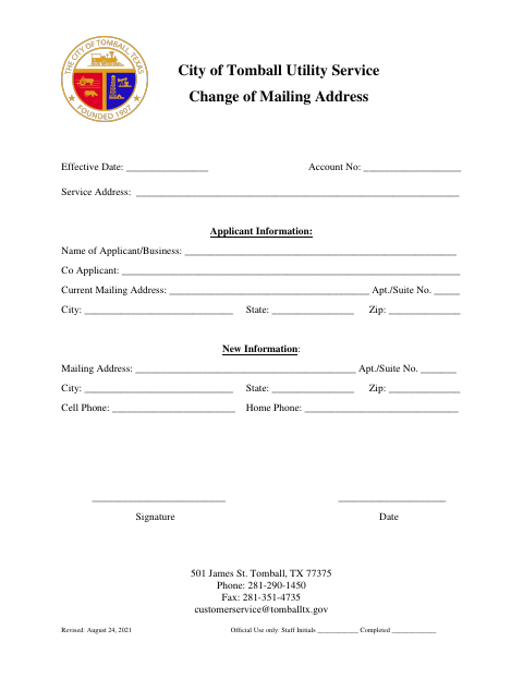 First page of the Utility Service Change of Mailing Address