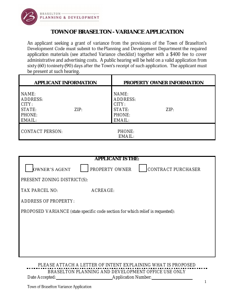 First page of the Zoning Variance Application