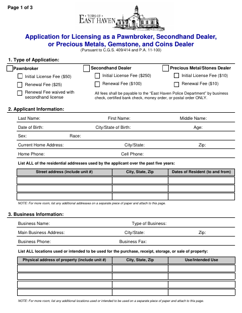 First page of the Pawnbroker, Secondhand Dealer, or Precious Metals Dealer License Application