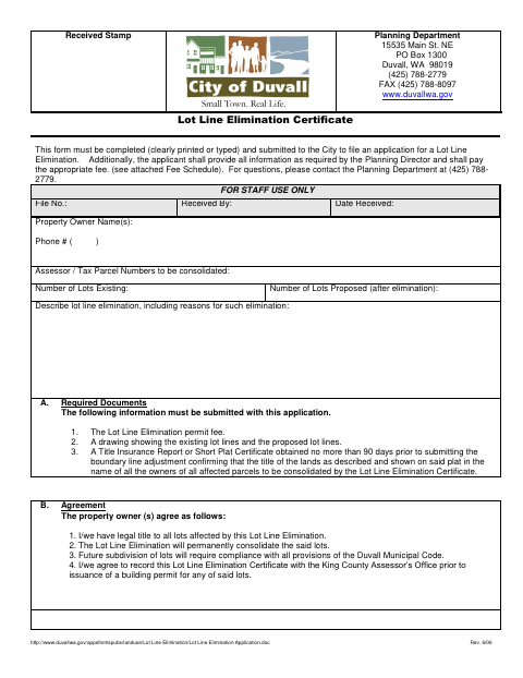First page of the Lot Line Elimination Application