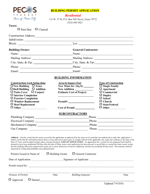 First page of the Residential Building Permit Application
