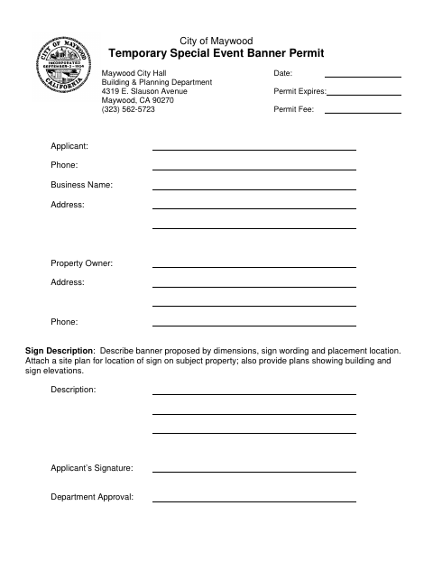 First page of the Temporary Special Event Banner Permit