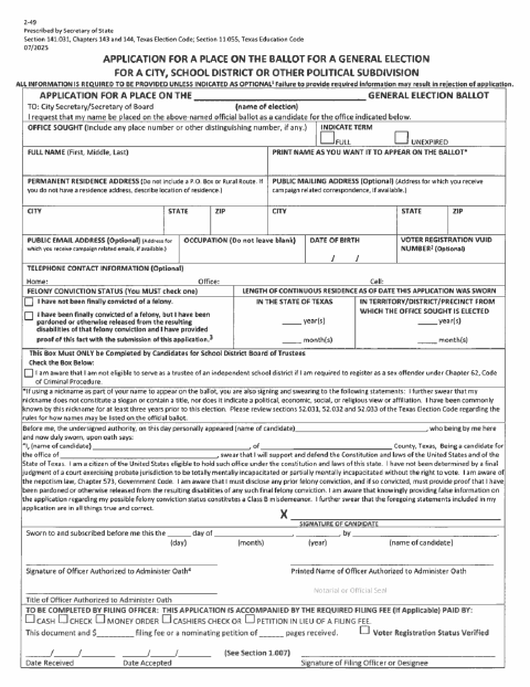 First page of the Application For A Place On The General Election Ballot