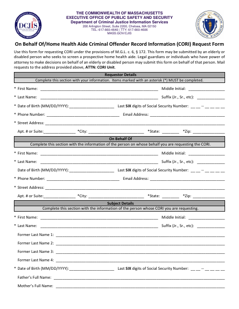 First page of the Home Health Aide Criminal Offender Record Information Request Form