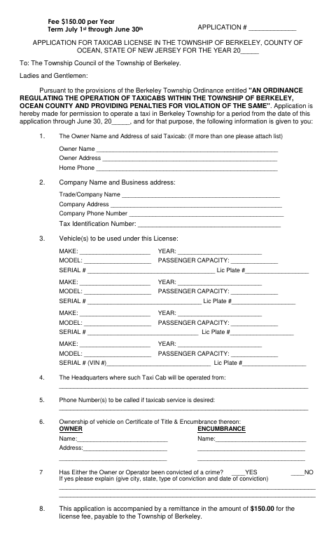 First page of the Application for Taxicab License