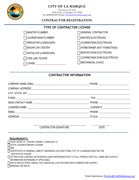 First page of the Contractor Registration Form