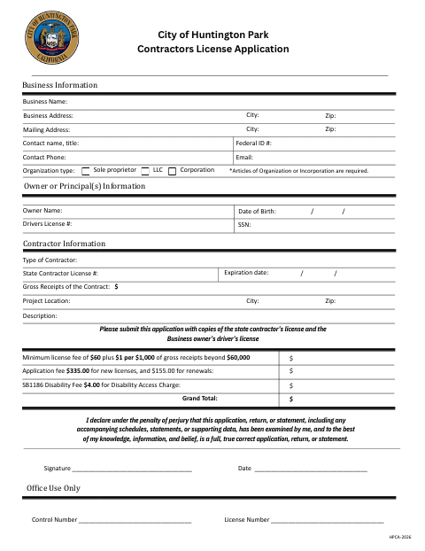 First page of the Contractor's License Application
