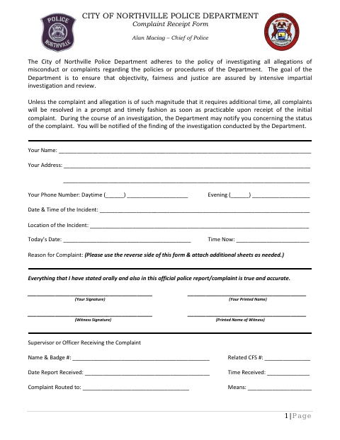 First page of the Complaint Receipt Form