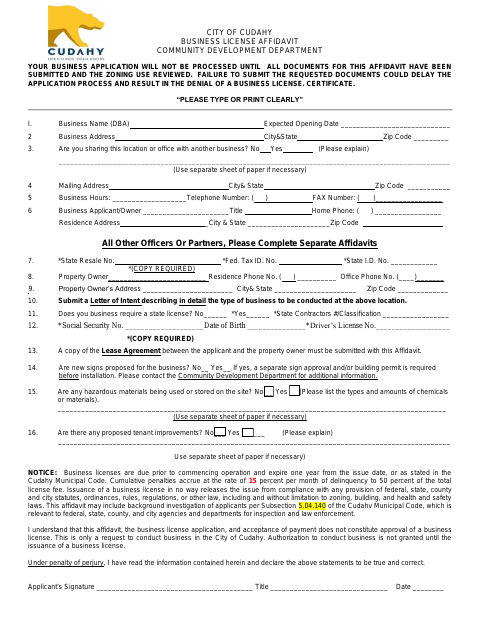 First page of the Business License Affidavit