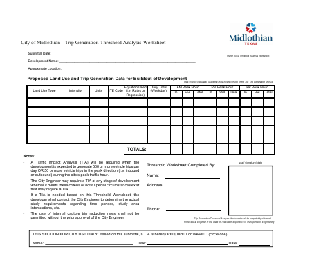 First page of the Trip Generation Threshold Analysis Worksheet