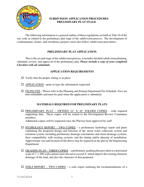 First page of the Subdivision Preliminary Plat Application