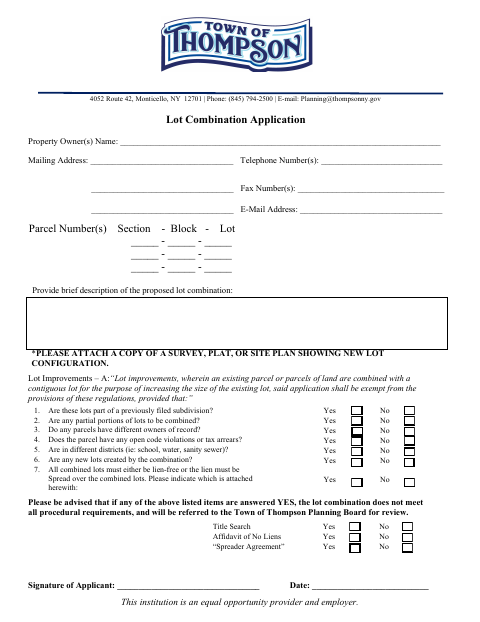 First page of the Lot Combination Application
