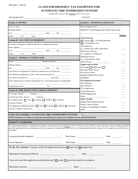 First page of the Claim For Property Tax Exemption For Automatic Fire Suppression Systems