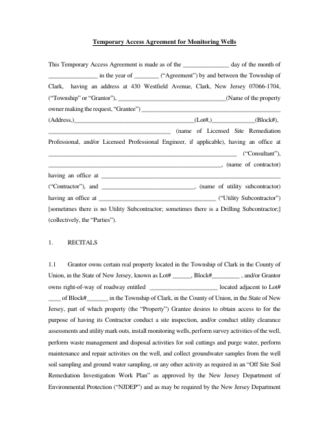 First page of the Temporary Access Agreement for Monitoring Wells