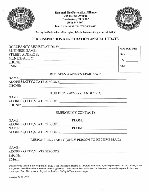 First page of the Fire Inspection Registration Form