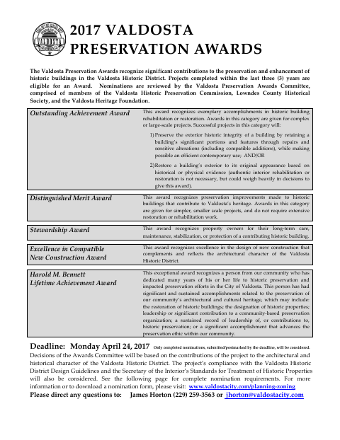 First page of the Preservation Awards Nomination Form