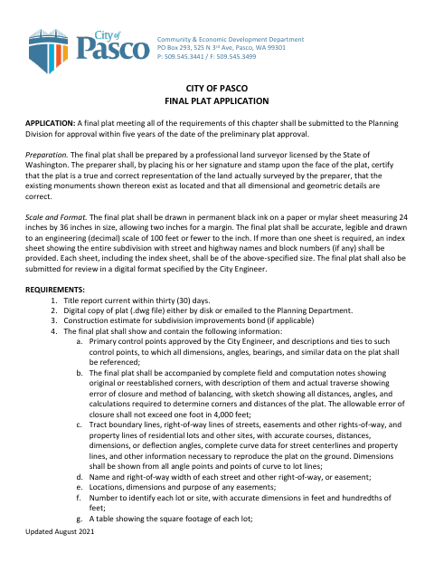 First page of the Final Plat Application