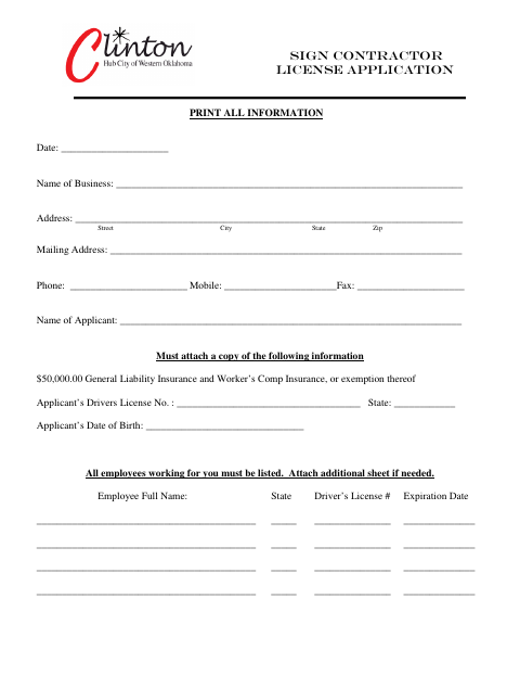 First page of the Contractor License Application