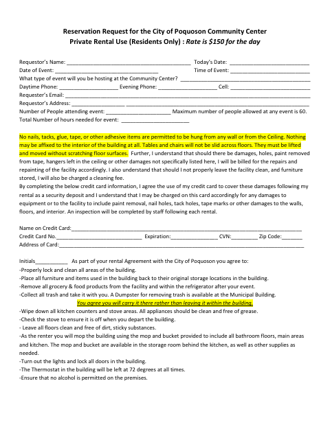 First page of the Community Center Private Rental Agreement
