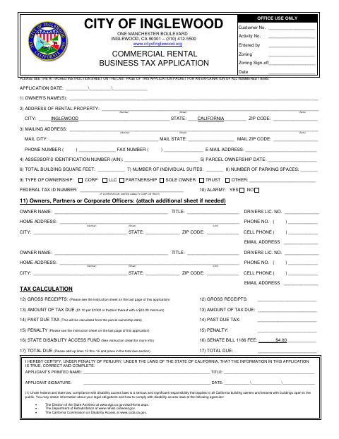 First page of the Commercial Rental Business Tax Application