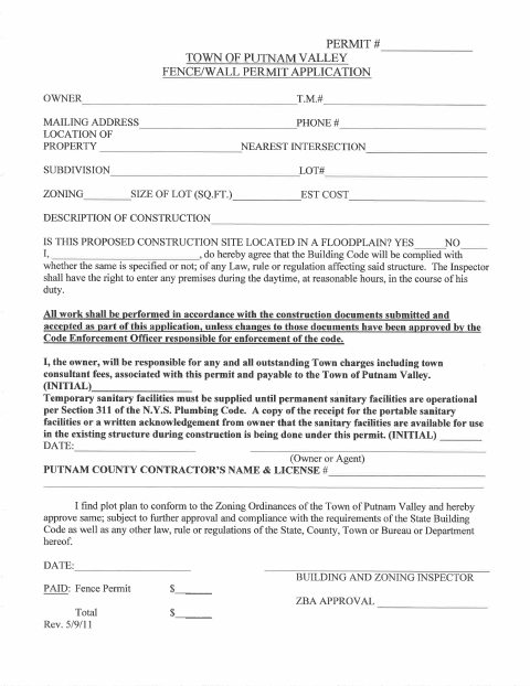 First page of the Fence/Wall Permit Application