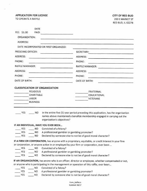 First page of the Raffle License Application