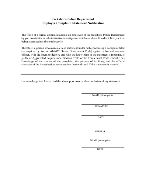 First page of the Police Department Employee Complaint Statement
