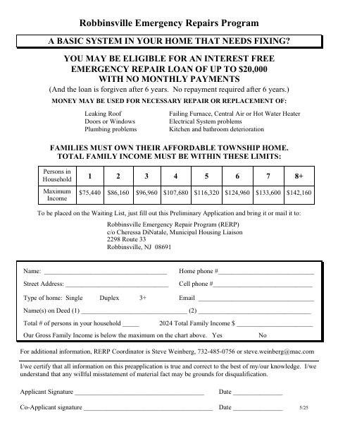First page of the Emergency Repairs Program Preliminary Application