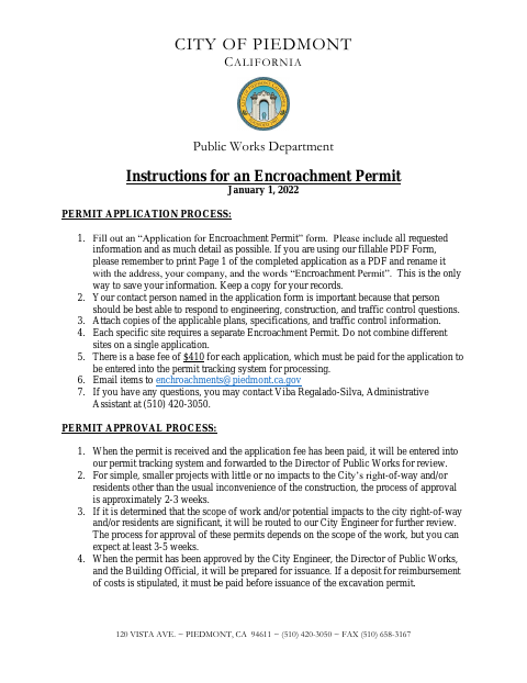 First page of the Encroachment Permit Application