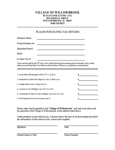 First page of the Places for Eating Tax Return