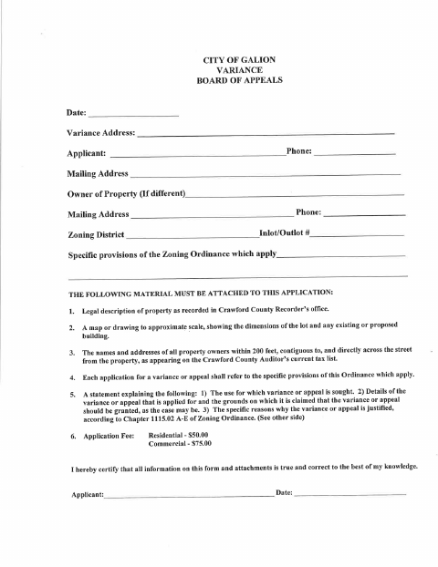 First page of the Variance Application