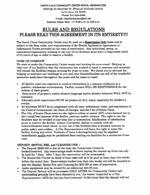 First page of the Community Center Rental Agreement