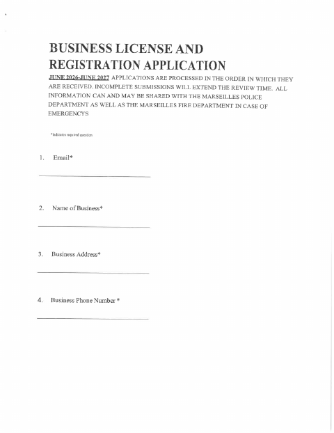 First page of the Business License and Registration Application